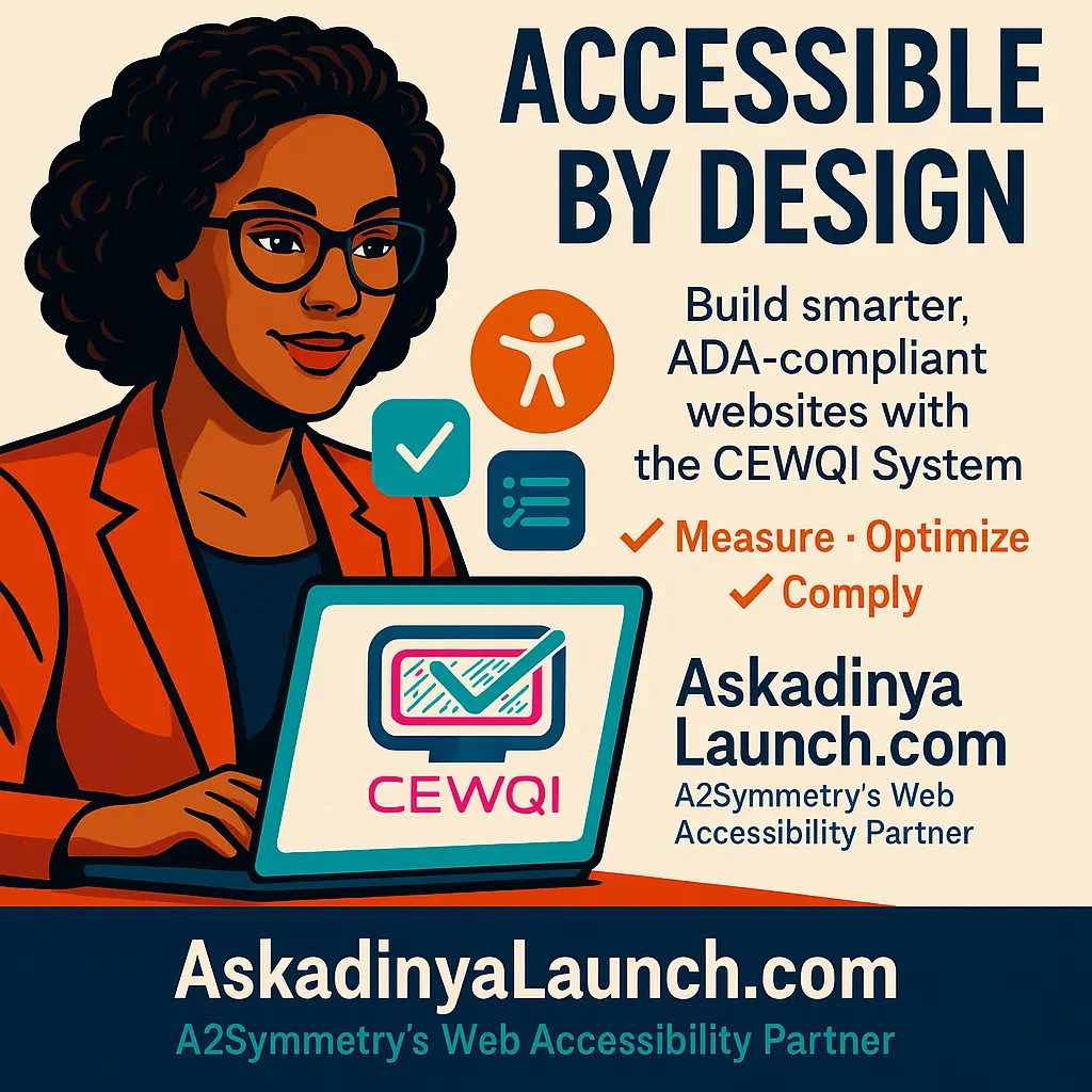 Illustration of a professional woman reviewing a website on a laptop labeled “CEWQI,” promoting accessible, ADA-compliant web design by Askadinya Launch.